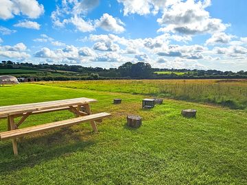 Each wild camping pitch has its own table, fire pit and log seats