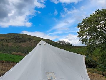 Celyn bell tent with carmarthenshire hills beyond