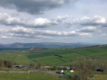 Views over the farm and site towards ingleborough