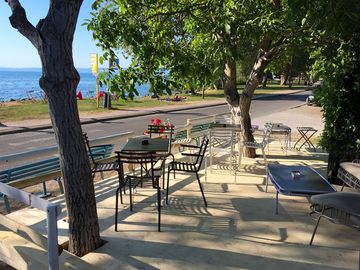 Outdoor bar with lake view