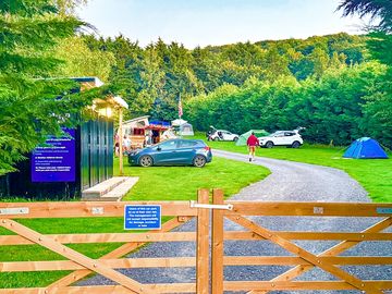 Entrance to the camping area. Gravel track and gravel pitches available for year round camping.