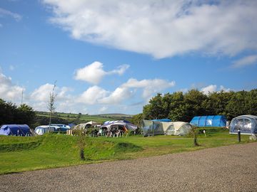 Empty non-electric pitch waiting for new guests, with the electric pitches in the distance.