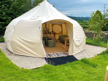 Exterior of tent with the door open