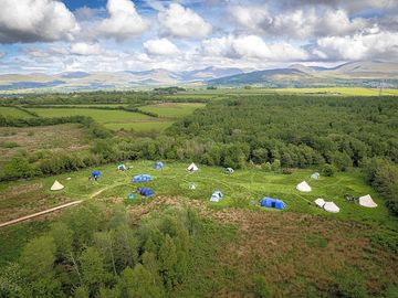 Aerial view over the site and the Snowdonia National Park