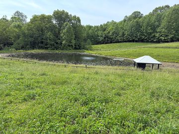 Powered grass travel trailer campsite. near pond. electric 100 feet away. can provide extension.