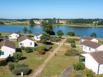 Aerial view of the lodges and lake
