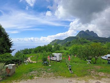 View of the nearby mountains and the lake