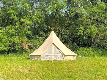 Bell tent sheltered by trees