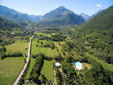 Aerial view of the campsite with the village of entracque in the background