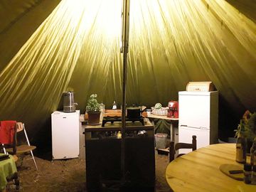 Cook area, fridges freezer double sink with hot and cold running water.gas top stove.coffee maker