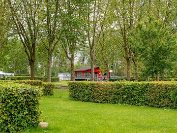 Pitches shaded by trees and dilineated by hedges
