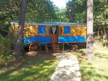 Entrance to the caravan is up steps