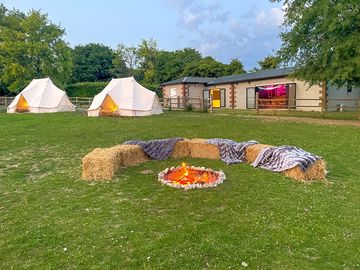 Firepit and straw-bales seating