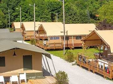 Safari tents backed by trees