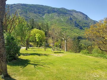 Grass pitches with mountain views
