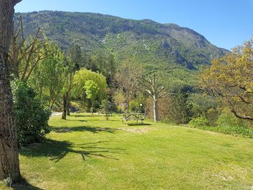 Grass pitches with mountain views