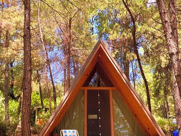 The exterior of the A-frame cabin