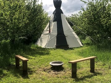 The tipi has a fire bowl with grill and two benches outside