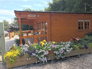 Flower troughs outside woodpecker cabin