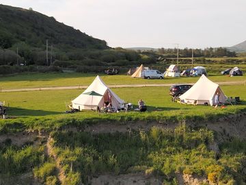 Bell tents on a beautiful day