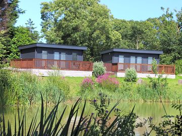 The lodges viewed from the fishing lake