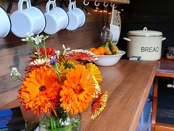 Basic converted horsebox kitchen