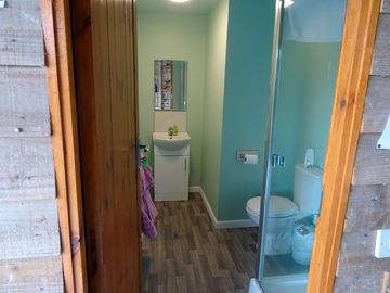 Private bathroom with shower, washbasin, flush lavatory and towels