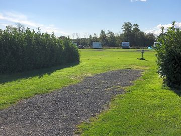 Hardstanding pitch with grass area to the side.