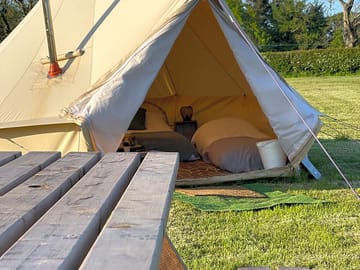 Each bell tent comes with a picnic bench, barbecue and firepit