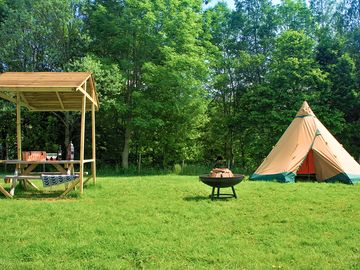 Covered picnic benches and firepits