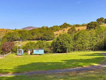 View of the shepherd's huts from the caravan/motorhome area