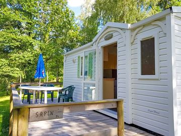 Caravan exterior with decking