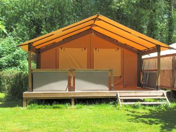 Safari tent on a wooden platform