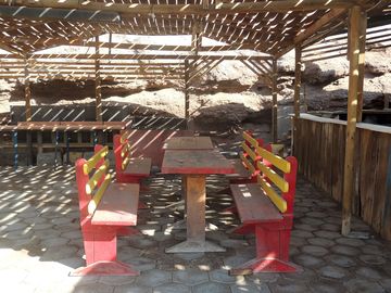 Picnic benches in the communal area