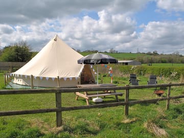 Redwood and Bluebell  -identical 6 meter rental bell tents fully furnished both with fabulous views