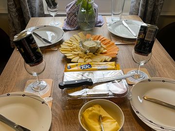 Cheese and biscuits in a beautiful caravan