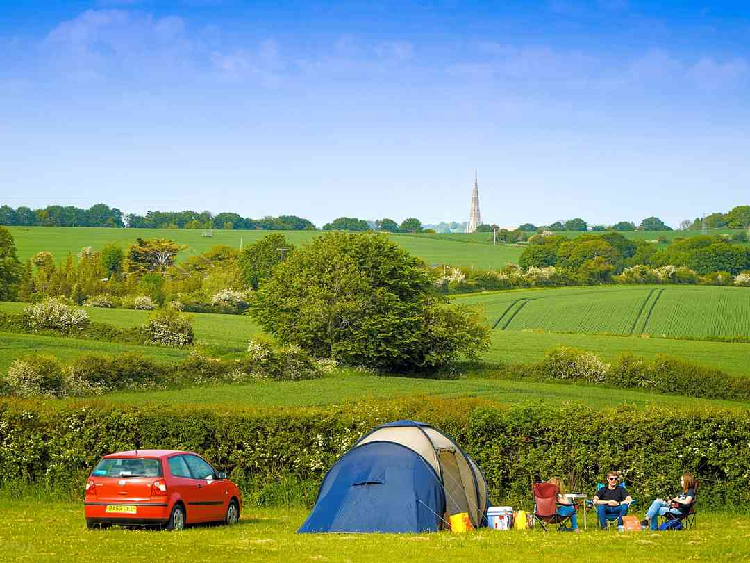 Salisbury Campsite at Bake Farm: View of the cathedral spire