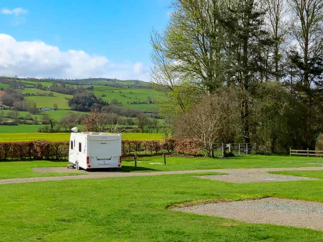 Daisy Bank Touring Park: View over valley to Shropshire Hills from Meadow