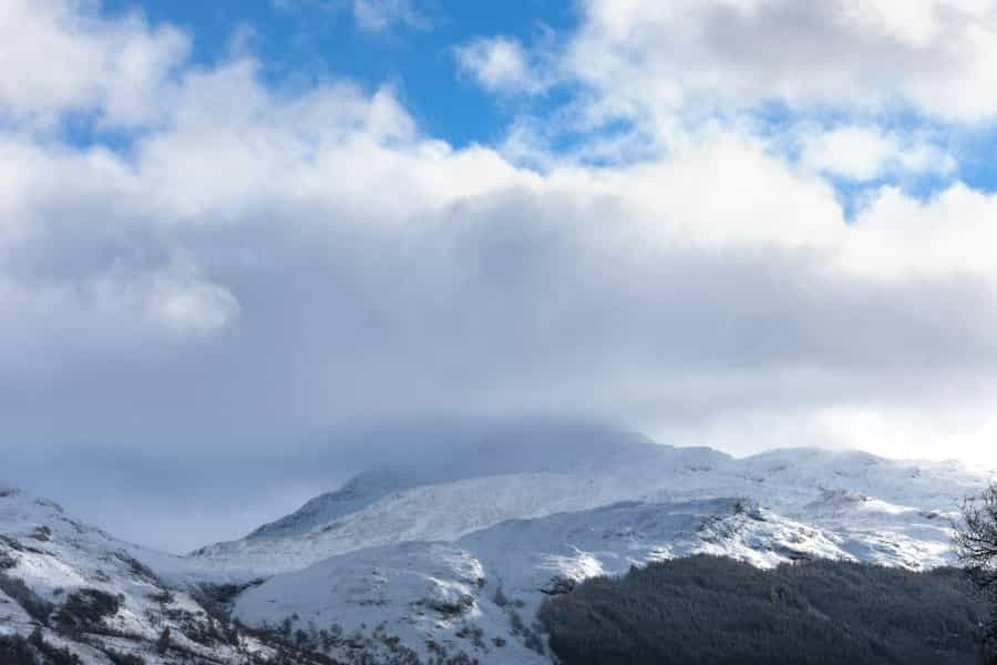 Snow-capped peaks in a wintery Loch Lomond and The Trossachs National Park 