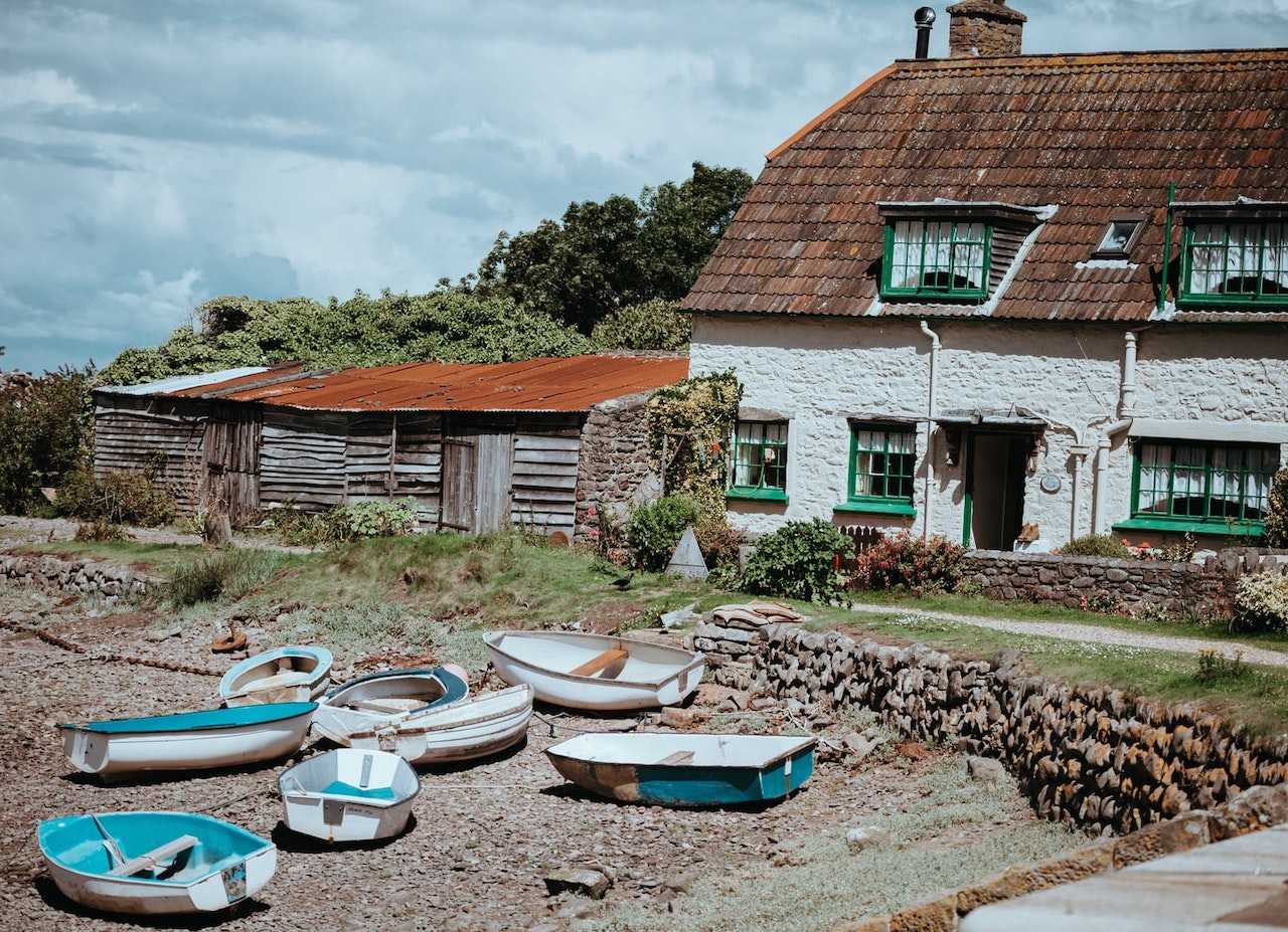 Boats at Porlock Weir beach during low tide