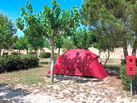 Op grind en aarde staplaats voor een tent , met elektriciteit
